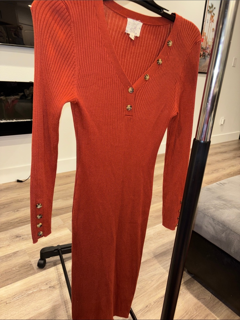 Hippie Rose Long Sleeve Ribbed V-Neck Dress in Rust Orange